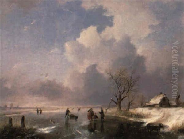 Figures In A Frozen River Landscape Oil Painting by Remigius Adrianus van Haanen