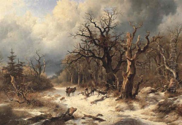 Snowy Landscape With Figures Gathering Wood Oil Painting by Remigius Adrianus van Haanen