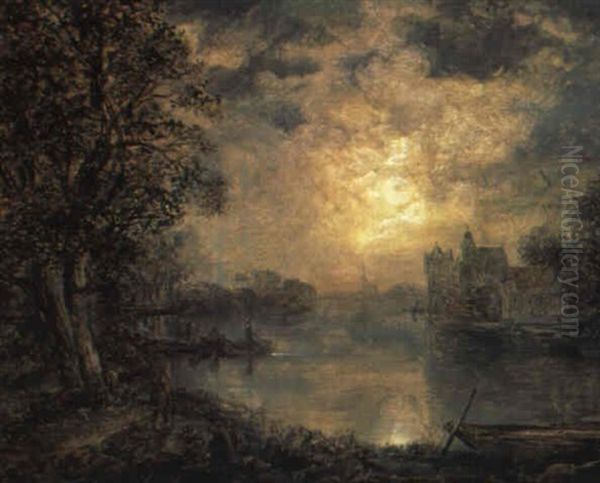 Mondnacht Uber Einer Fluslandschaft Oil Painting by Remigius Adrianus van Haanen