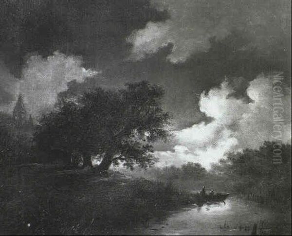 Flusslandschaft Im Mondlicht Oil Painting by Remigius Adrianus van Haanen