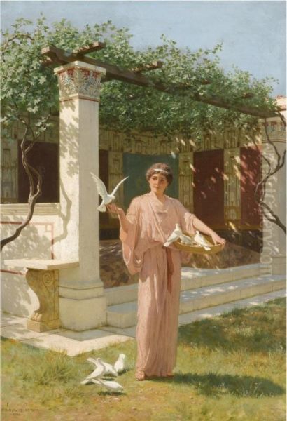 Feeding The Doves Oil Painting by Stepan Vladislavovich Bakolowicz