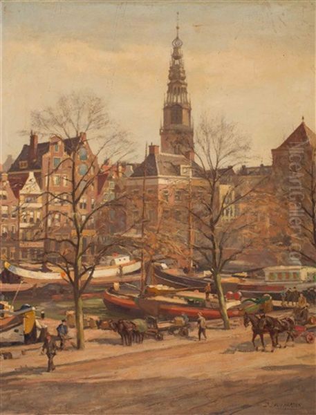 Damrak - Amsterdam Oil Painting by Dirk Johannes Van Haaren