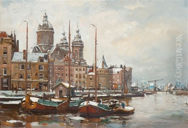 Wintergezicht Op De Sint Nicolaaskerk En Schreierstoren Te Amsterdam Oil Painting by Dirk Johannes Van Haaren