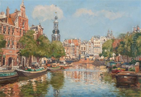 Zomergezicht Op De Munttoren Te Amsterdam Oil Painting by Dirk Johannes Van Haaren