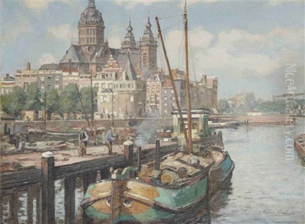 View Of The Prins Hendrikkade, With The St. Nicolaaskerk Beyond, Amsterdam Oil Painting by Dirk Johannes Van Haaren