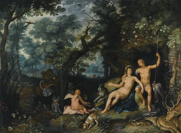 Venus And Adonis Resting In An Extensive Landscape, With Cupid And Hunting Dogs And Their Quarries Oil Painting by Cornelis Cornelisz Van Haarlem