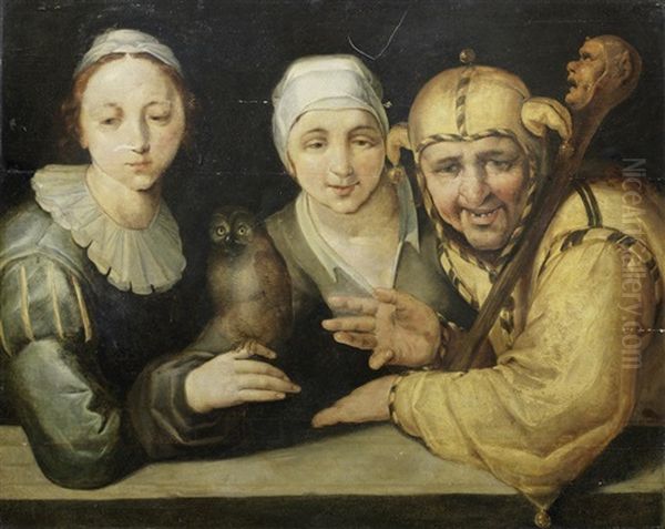 A Fool With Two Women, One Holding An Owl Oil Painting by Cornelis Cornelisz Van Haarlem