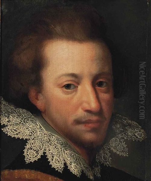 Portrait Of A Gentleman, Bust-length, In A Black And Brown Coat With A Lace Collar Oil Painting by Cornelis Cornelisz Van Haarlem