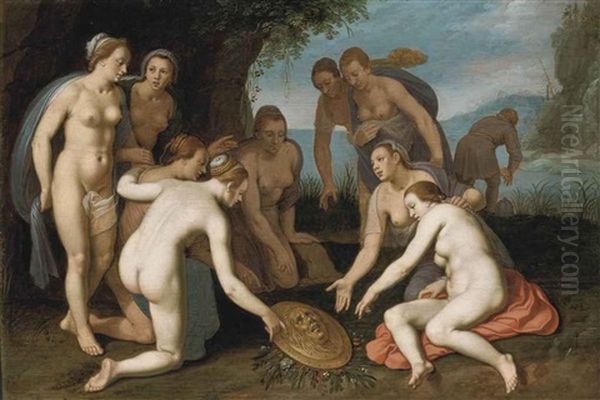 Perseus Washing His Hands After Liberating Andromeda And Placing The Head Of Medusa On A Bed Of Leaves Oil Painting by Cornelis Cornelisz Van Haarlem