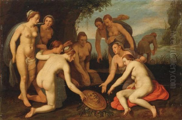 Perseus Washing His Hands After Liberating Andromeda And Placing The Head Of Medusa On A Bed Of Leaves Oil Painting by Cornelis Cornelisz Van Haarlem