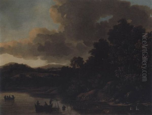 River Landscape With Figures And Boats Oil Painting by Cornelis Cornelisz Van Haarlem