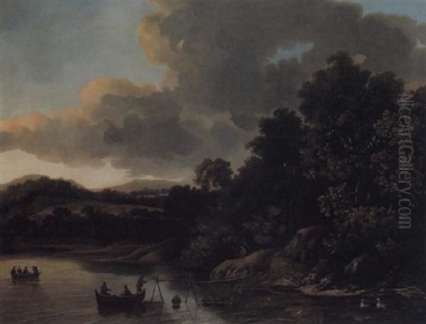 River Landscape With Figures And Boats Oil Painting by Cornelis Cornelisz Van Haarlem