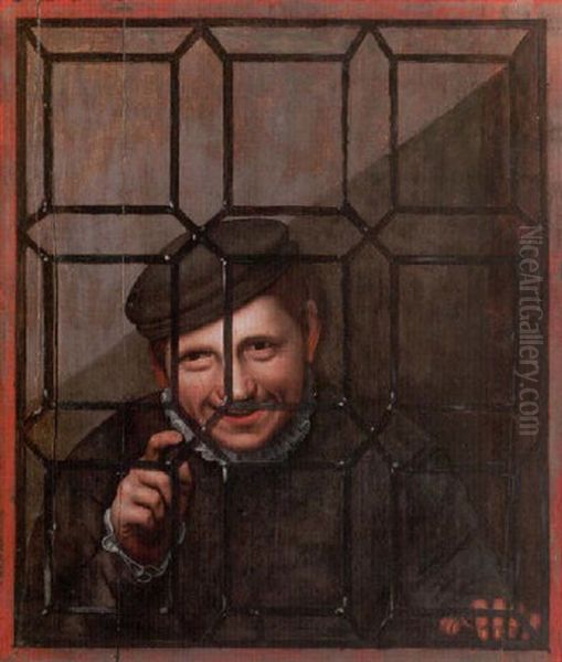 A Young Man Wearing A Black Cap And Tunic Gazing Through A Lattice Window Oil Painting by Cornelis Cornelisz Van Haarlem