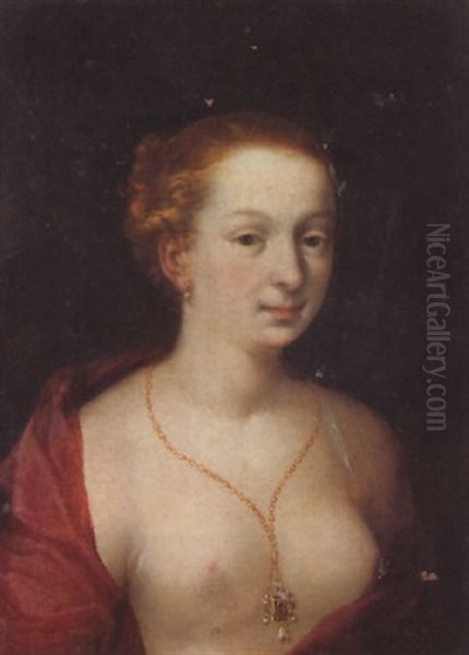 A Young Girl In A State Of Undress, Wearing A Burgundy Mantle, And A Gold Chain And Pendant Oil Painting by Cornelis Cornelisz Van Haarlem