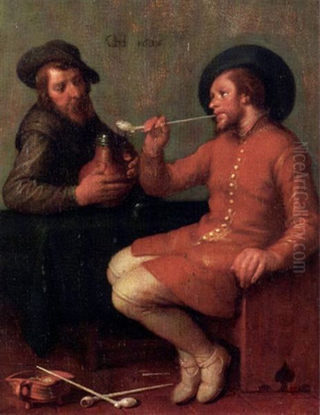 Zwei Rauchende Herren Im Gesprach Oil Painting by Cornelis Cornelisz Van Haarlem