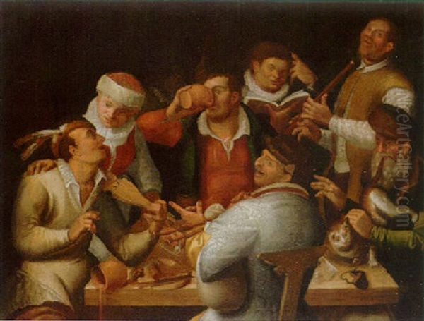 A Company Making Music And Carousing In An Interior by Cornelis Cornelisz Van Haarlem