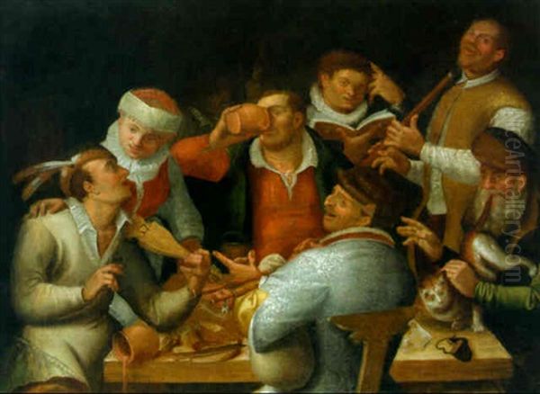 A Company Making Music And Carousing In An Interior Oil Painting by Cornelis Cornelisz Van Haarlem