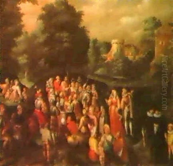 Die Predigt Johannes' Des Taufers In Einer Waldland-        Schaft Mit Einem Schloss Oil Painting by Cornelis Cornelisz Van Haarlem