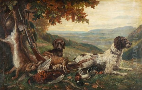 Jagdstillleben Mit Zwei Hunden Oil Painting by August Haas