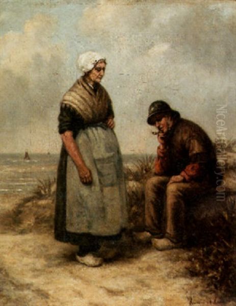 Fisherman And His Wife In The Dunes Oil Painting by Hermina Van Der Haas