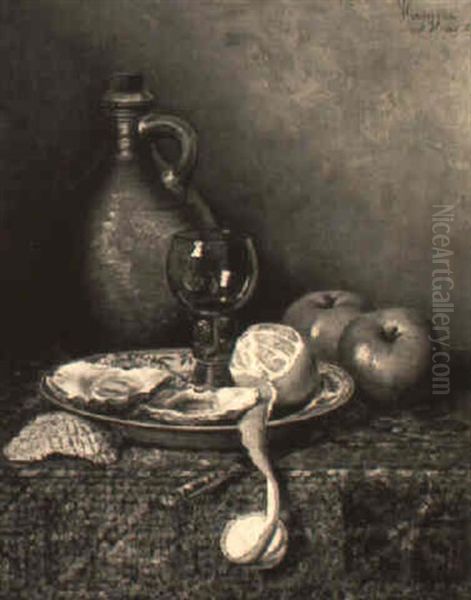 Still Life Of Oysters, Lemon, Apples And A Jug On A Draped Table Oil Painting by Hermina Van Der Haas