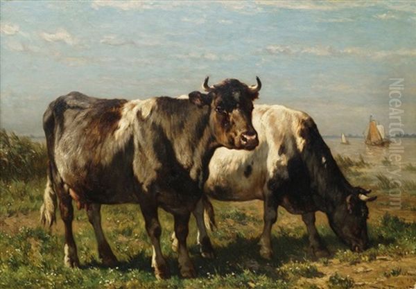 Cattle In A Water Meadow Oil Painting by Johannes Hubertus Leonardus de Haas