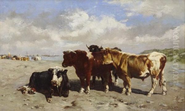 Cattle On The Shore Oil Painting by Johannes Hubertus Leonardus de Haas