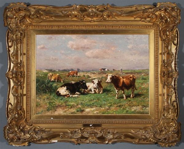 Cows Grazing Oil Painting by Johannes Hubertus Leonardus de Haas