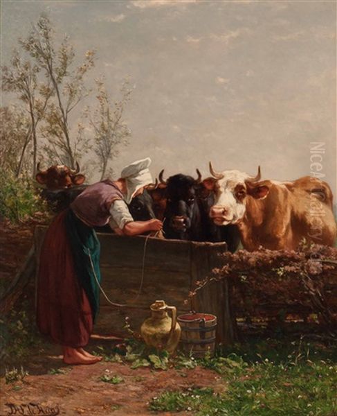 Knitting Milkmaid Oil Painting by Johannes Hubertus Leonardus de Haas