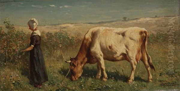 Bergere Et Sa Vache Oil Painting by Johannes Hubertus Leonardus de Haas