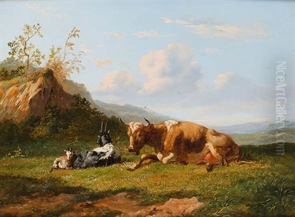 Kuh Mit Zwei Ziegen In Weiter Landschaft Oil Painting by Johannes Hubertus Leonardus de Haas