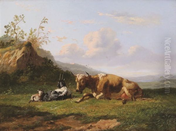 Paysage Accidente Avec Vache Couchee Et Chevres Oil Painting by Johannes Hubertus Leonardus de Haas