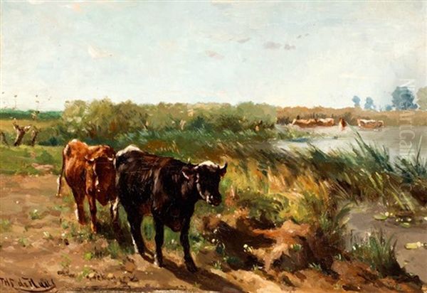 Zomerse Weide Met Koeien Aan De Waterkant Oil Painting by Johannes Hubertus Leonardus de Haas