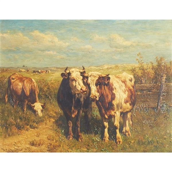 Cows In A Sunlit Field Oil Painting by Johannes Hubertus Leonardus de Haas