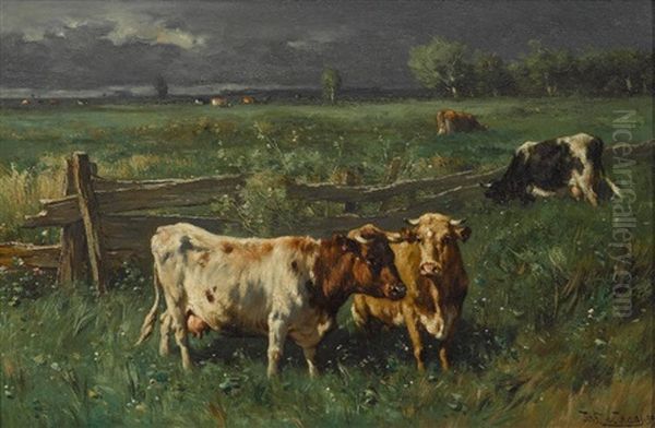 Weidende Kuhe Bei Aufziehendem Gewitter Oil Painting by Johannes Hubertus Leonardus de Haas