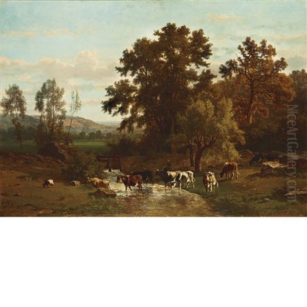 A River Landscape With A Shepherdess And Her Flock Oil Painting by Johannes Hubertus Leonardus de Haas