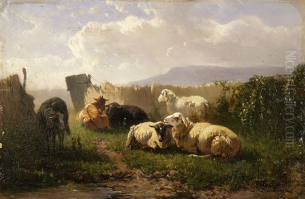 Kuhe Auf Der Weide Vor Einem Seeufer (+ Schafe Vor Dem Gatter; Pair) Oil Painting by Johannes Hubertus Leonardus de Haas