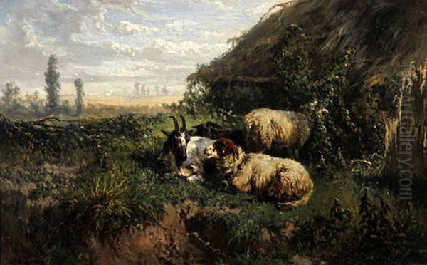 Sheep Resting By A Bothy In A Wooded Landscape Oil Painting by Johannes Hubertus Leonardus de Haas