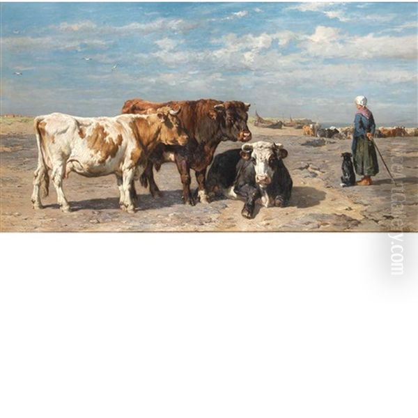 Herdswoman With Cows By The Sea Oil Painting by Johannes Hubertus Leonardus de Haas