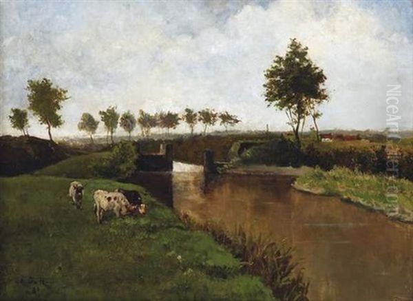 Vaches Au Bord Du Canal Oil Painting by Johannes Hubertus Leonardus de Haas