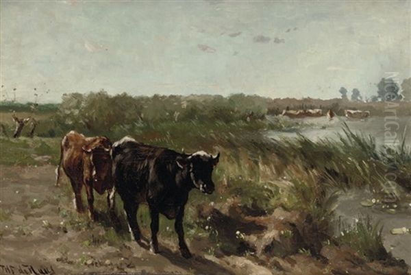 Cows Near A River Oil Painting by Johannes Hubertus Leonardus de Haas