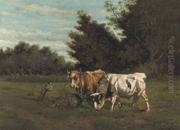 Grazing Cows Oil Painting by Johannes Hubertus Leonardus de Haas