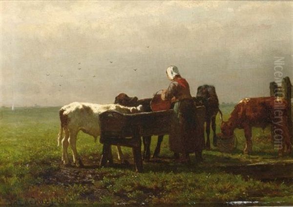 Feeding The Calves Oil Painting by Johannes Hubertus Leonardus de Haas