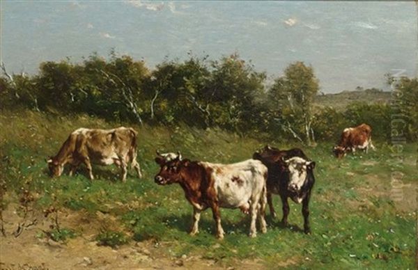 Cows In A Summer Landscape Oil Painting by Johannes Hubertus Leonardus de Haas