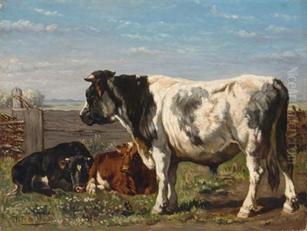 A Bull And Calves In A Summer Landscape Oil Painting by Johannes Hubertus Leonardus de Haas