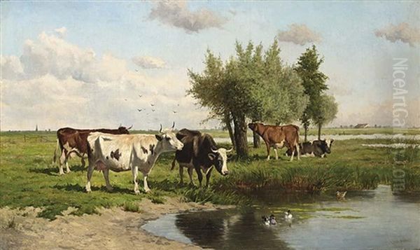 Cows In A Summer Landscape Oil Painting by Johannes Hubertus Leonardus de Haas