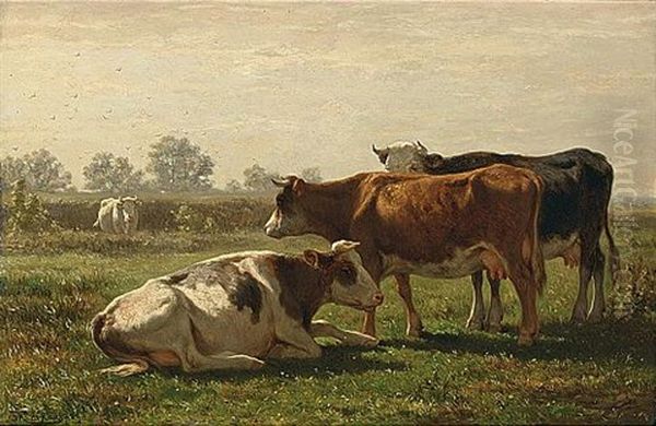 Cows In A Summer Landscape Oil Painting by Johannes Hubertus Leonardus de Haas