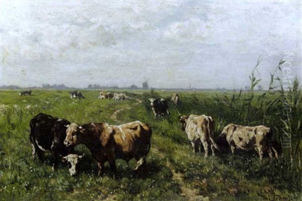 Polderlandschap Met Grazende Koeien Oil Painting by Johannes Hubertus Leonardus de Haas