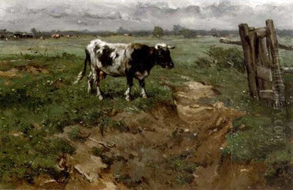 A Cow In An Extensive Polder Landscape Oil Painting by Johannes Hubertus Leonardus de Haas