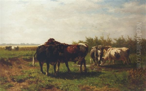 Les Paturages Hollandaises: Cattle In A Meadow Oil Painting by Johannes Hubertus Leonardus de Haas